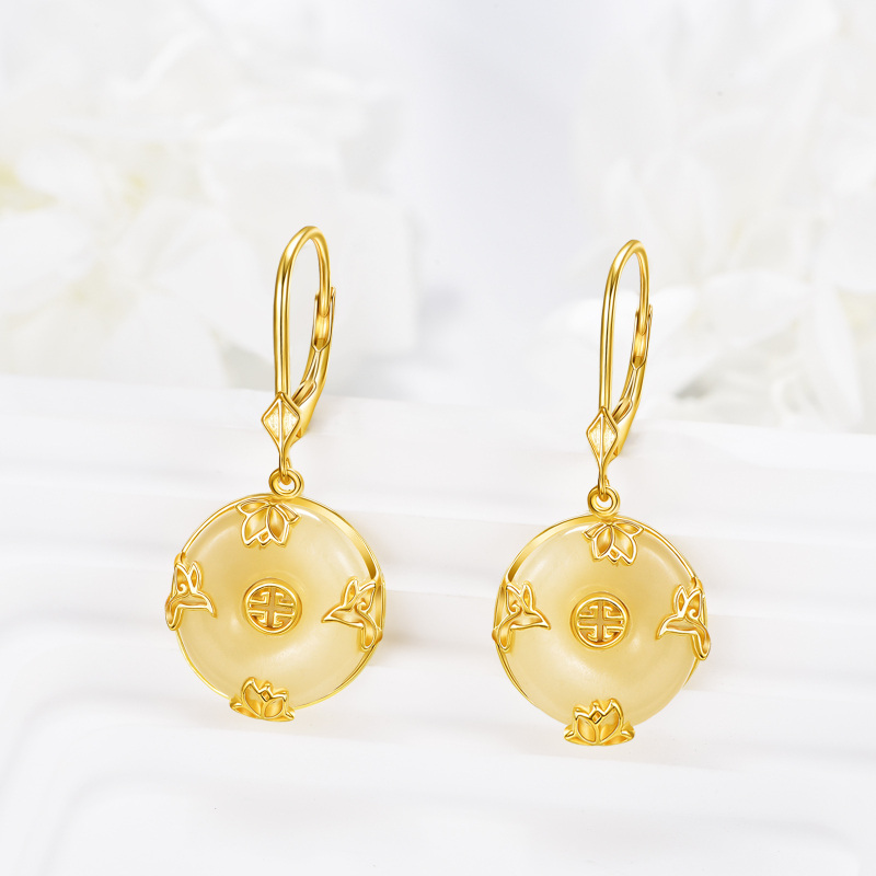 Sterling Silver with Yellow Gold Plated Jade Dove & Water Lily Lever-back Earrings-3