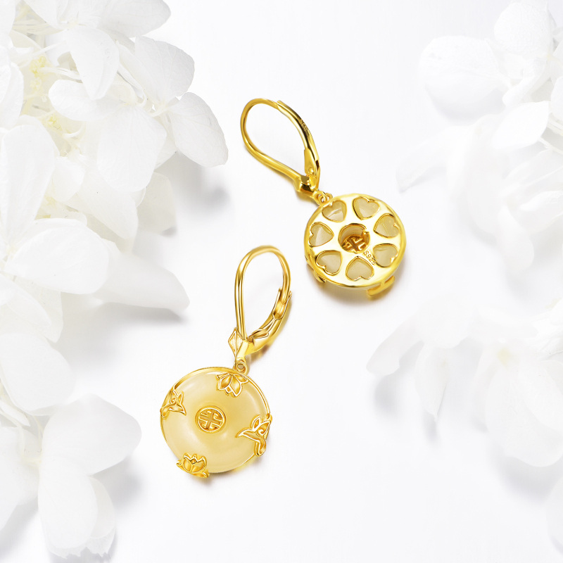 Sterling Silver with Yellow Gold Plated Jade Dove & Water Lily Lever-back Earrings-4