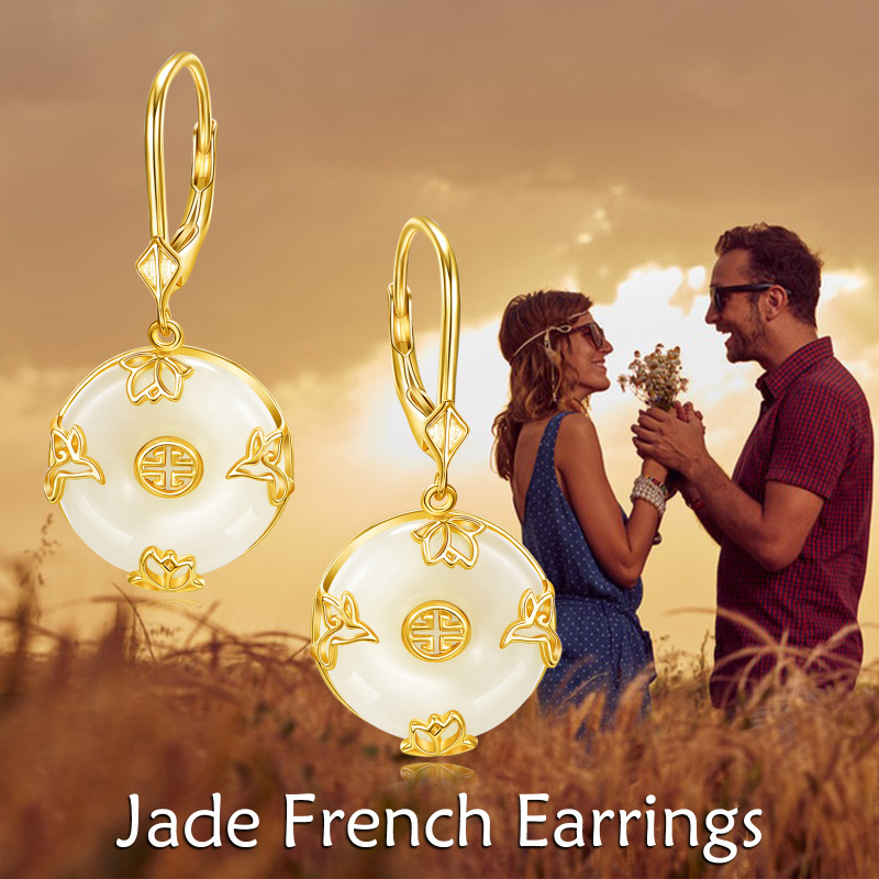 Sterling Silver with Yellow Gold Plated Jade Dove & Water Lily Lever-back Earrings-7