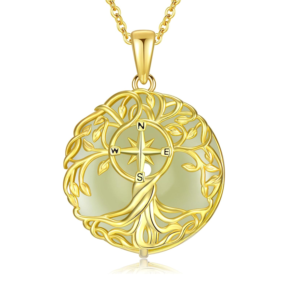 Gold Vermeil Jade Tree Of Life & Compass Pendant Necklace-1