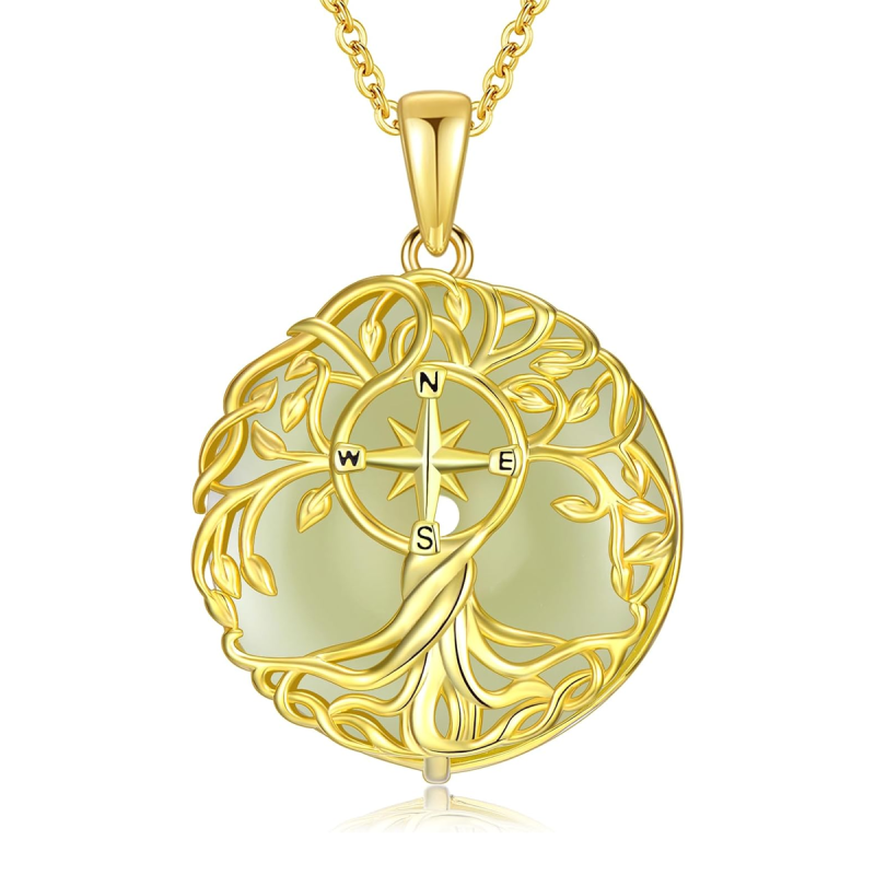 Gold Vermeil Jade Tree Of Life & Compass Pendant Necklace-13