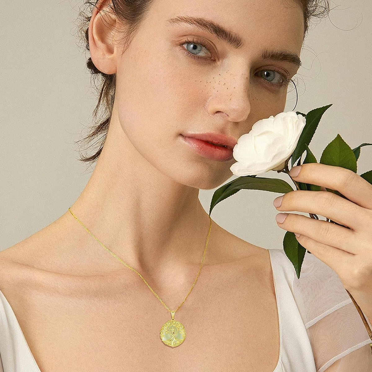 Gold Vermeil Jade Tree Of Life & Compass Pendant Necklace-2