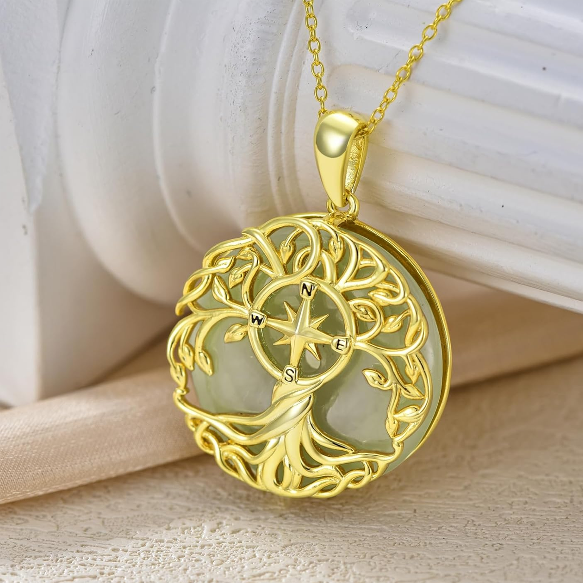 Gold Vermeil Jade Tree Of Life & Compass Pendant Necklace-3