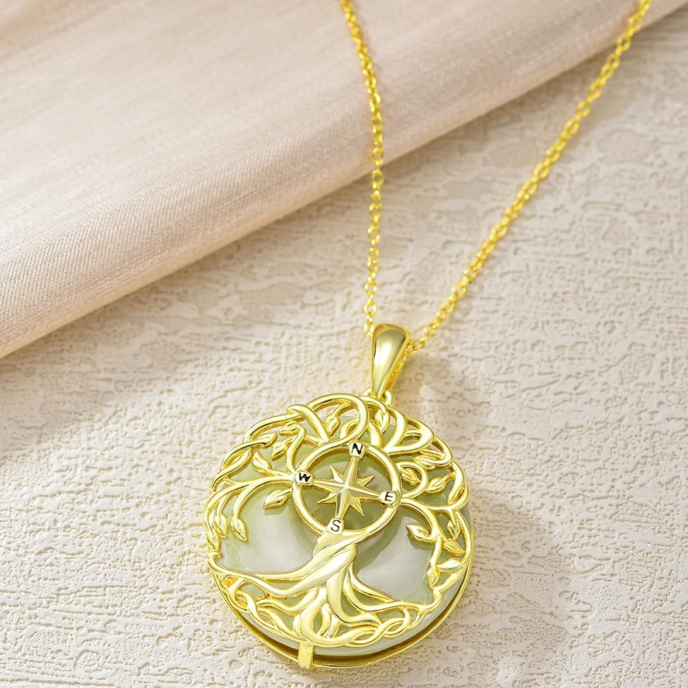 Gold Vermeil Jade Tree Of Life & Compass Pendant Necklace-4