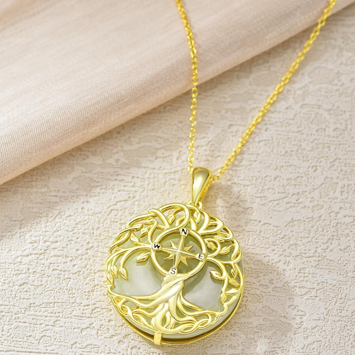 Gold Vermeil Jade Tree Of Life & Compass Pendant Necklace-4