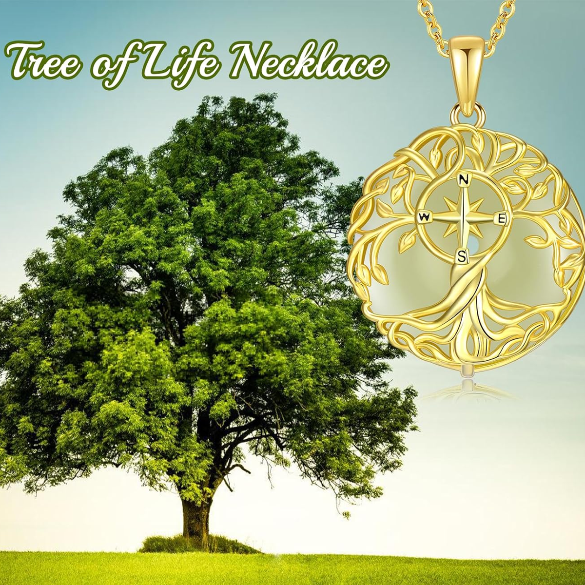 Gold Vermeil Jade Tree Of Life & Compass Pendant Necklace-5