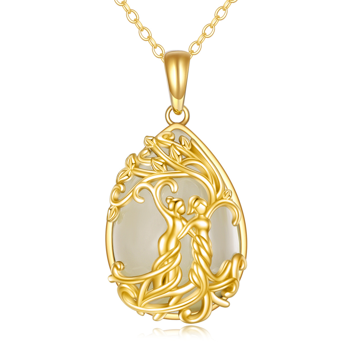 Collier pendentif arbre de vie et sœurs en jade or 14K-1