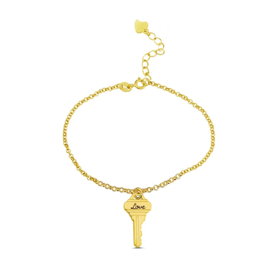 14K Gold Key Charm Bracelet with Engraved Word