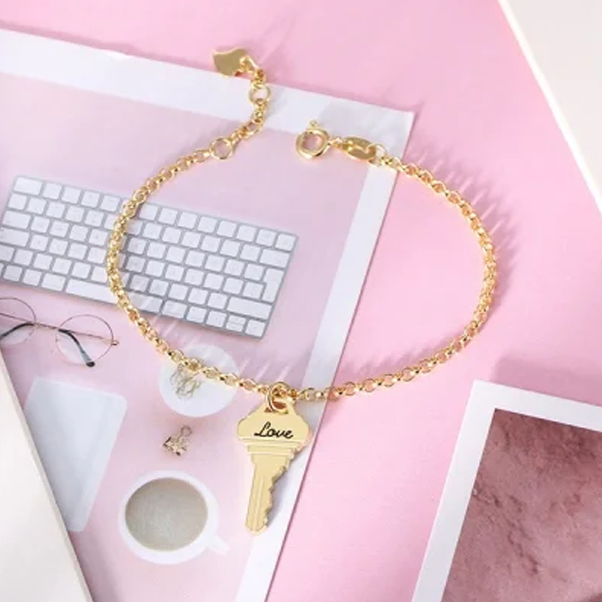 14K Gold Key Charm Bracelet with Engraved Word-2