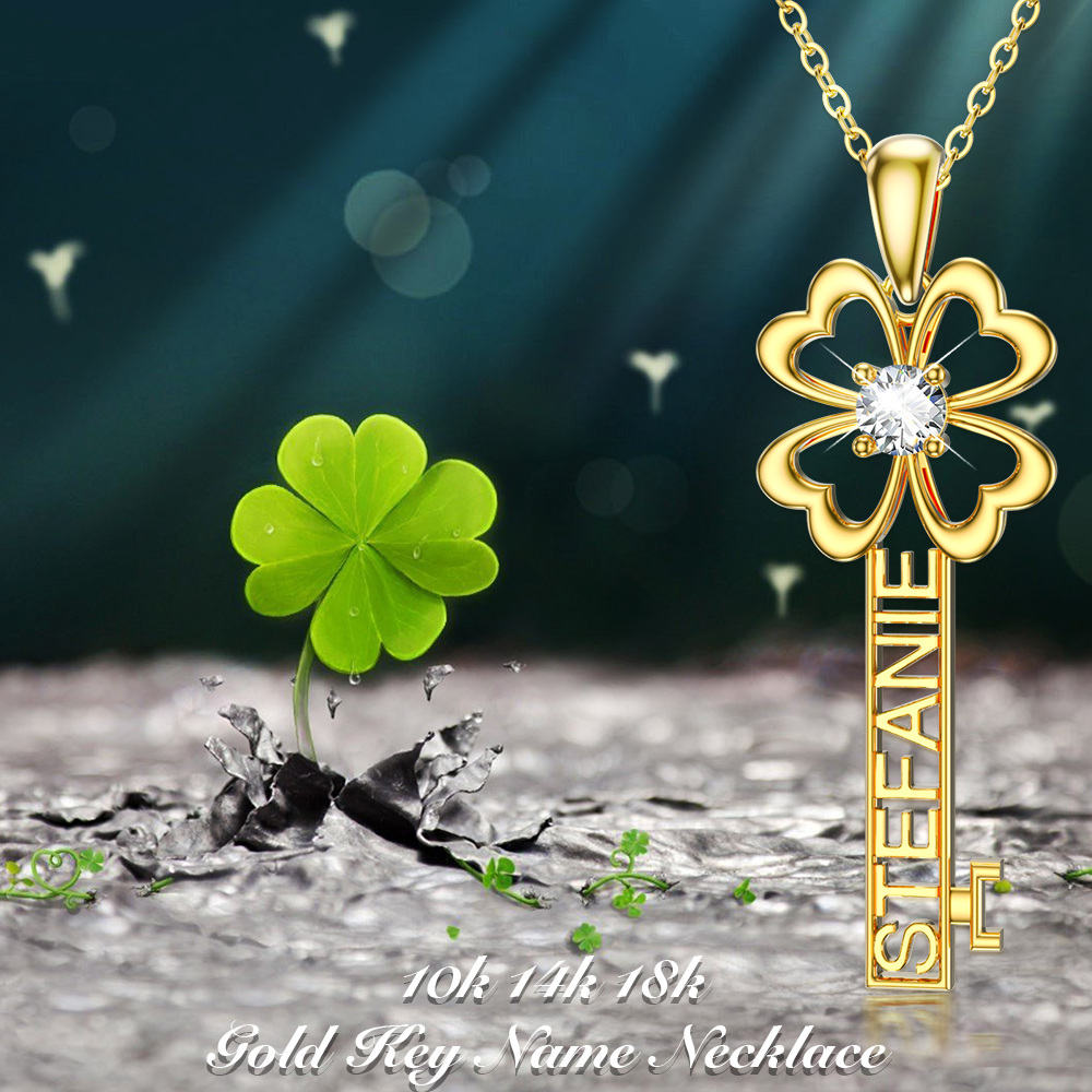10K Gold Cubic Zirconia Key Pendant Necklace-3