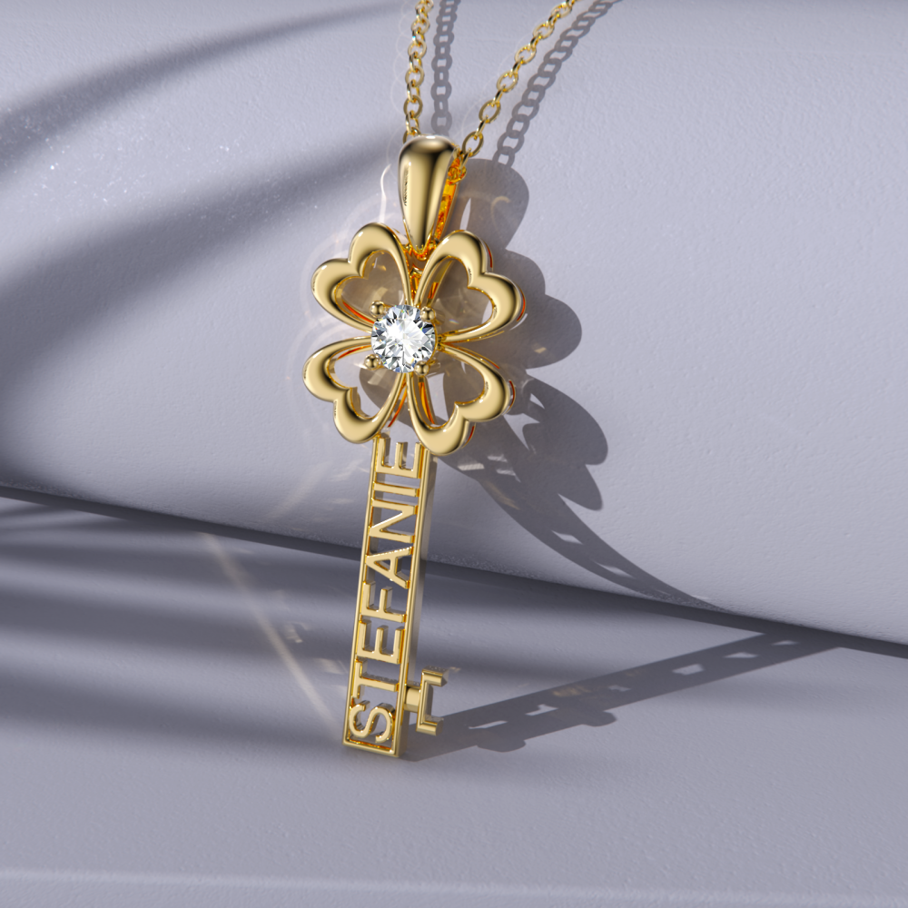 10K Gold Cubic Zirconia Key Pendant Necklace-5