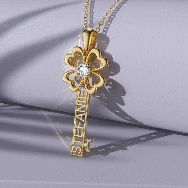 14K Gold Cubic Zirconia Key Pendant Necklace-5