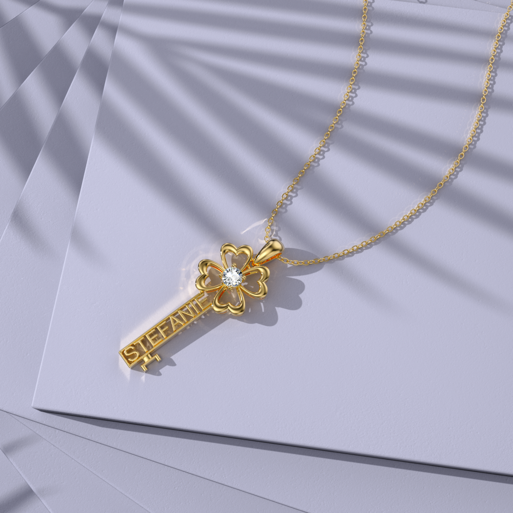 10K Gold Cubic Zirconia Key Pendant Necklace-6
