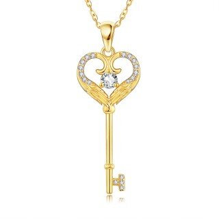 10K Gold Cubic Zirconia Key Pendant Necklace-1