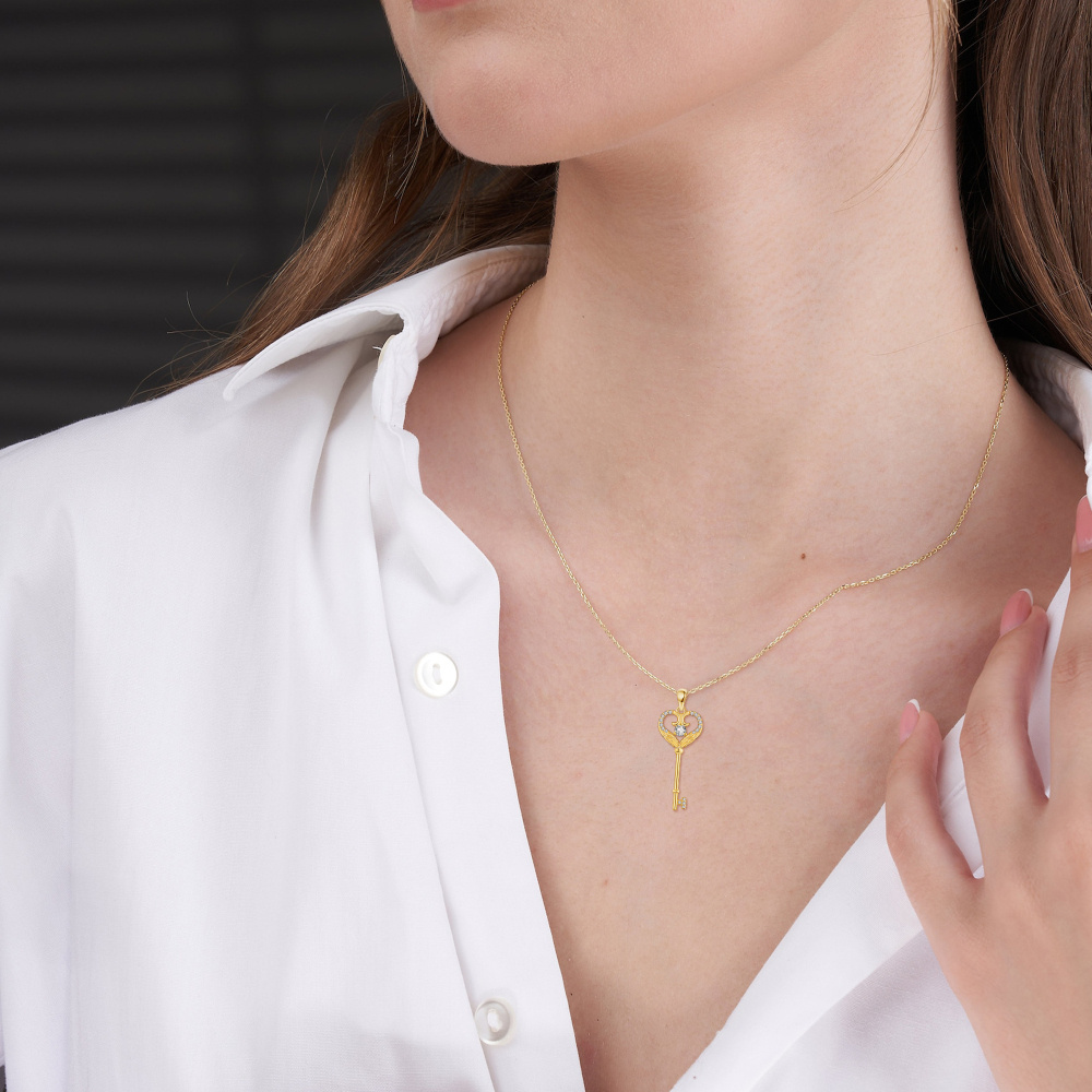 10K Gold Cubic Zirconia Key Pendant Necklace-2