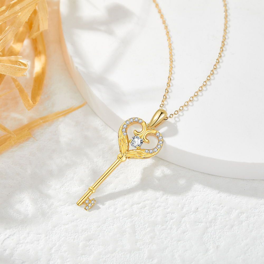10K Gold Cubic Zirconia Key Pendant Necklace-3