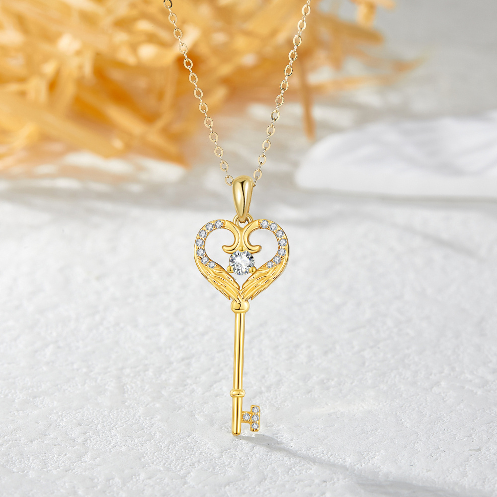 10K Gold Cubic Zirconia Key Pendant Necklace-4