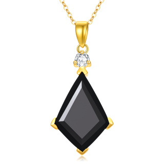 10K Gold Kite Cut Black Agate Pendant Necklace-14