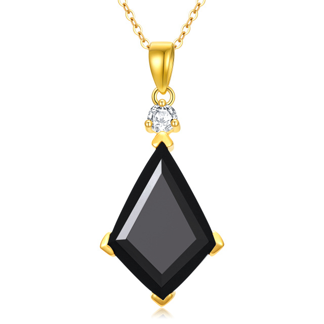 14K Gold Kite Cut Black Agate Pendant Necklace-1