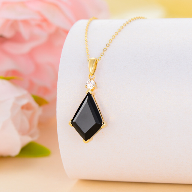 14K Gold Kite Cut Black Agate Pendant Necklace-3