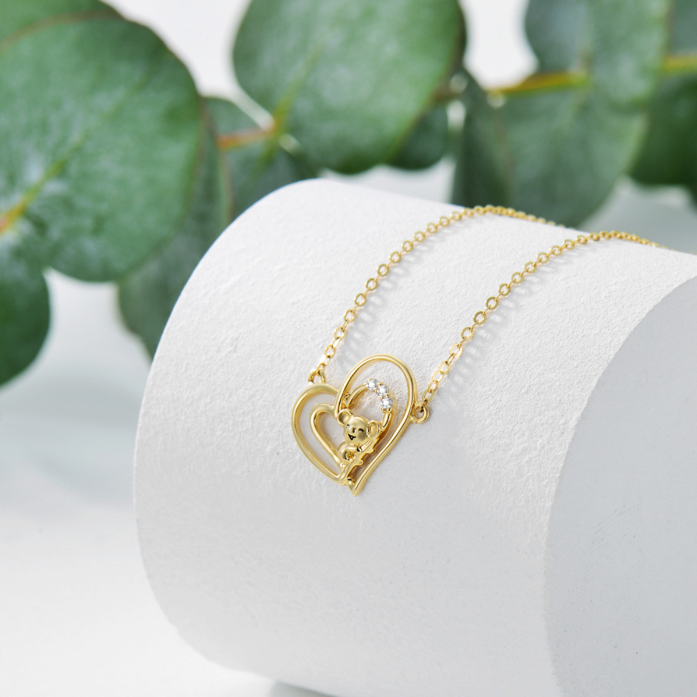 10K Gold Cubic Zirconia Koala & Heart Pendant Necklace For Women-3
