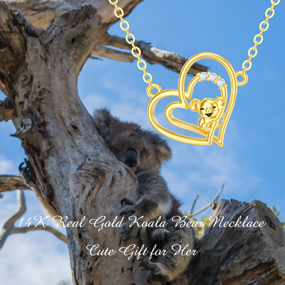 10K Gold Cubic Zirconia Koala & Heart Pendant Necklace For Women-5
