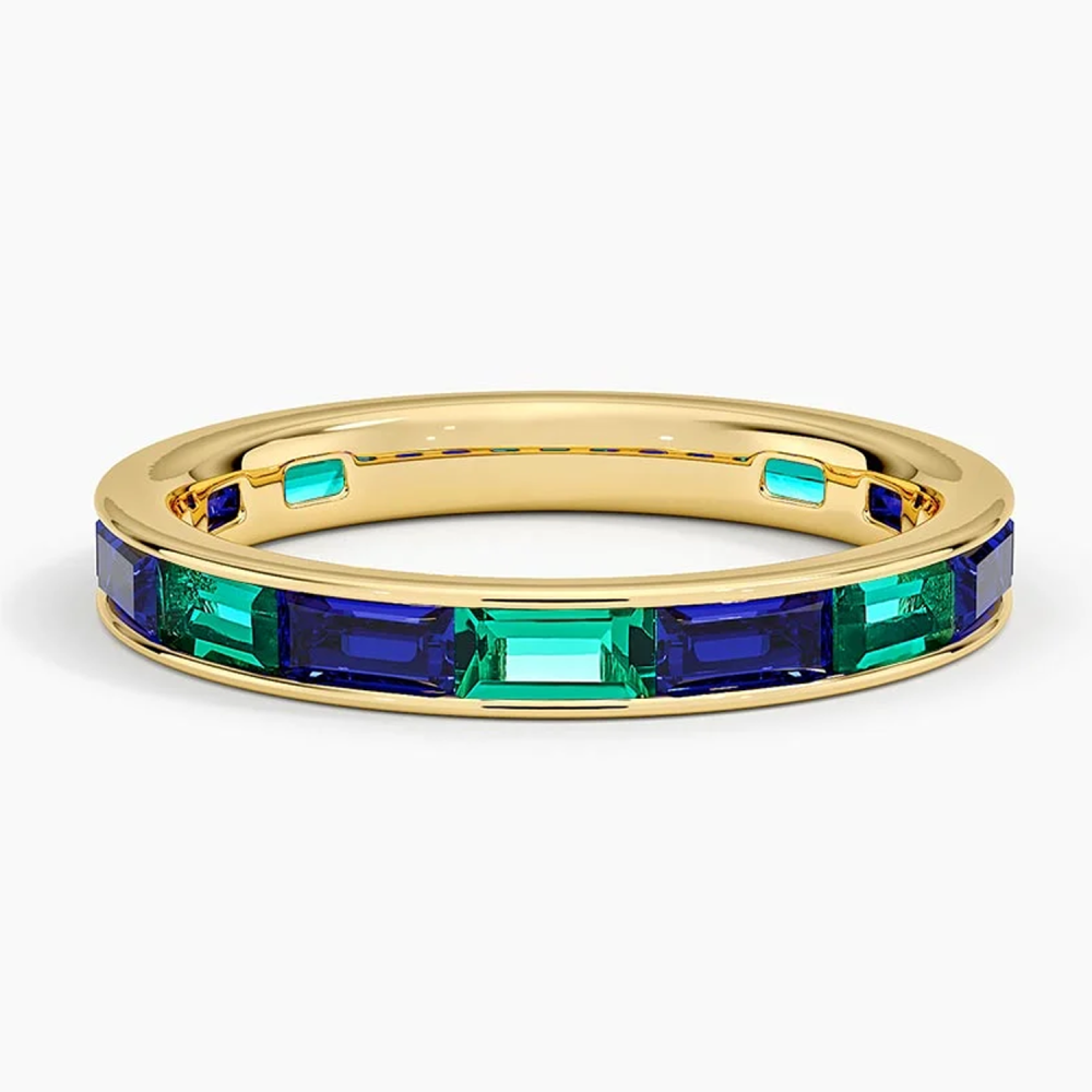 9K Gold 1.8 CT.T.W. Baguette Cut Aquamarine & Emerald Wedding Band-1