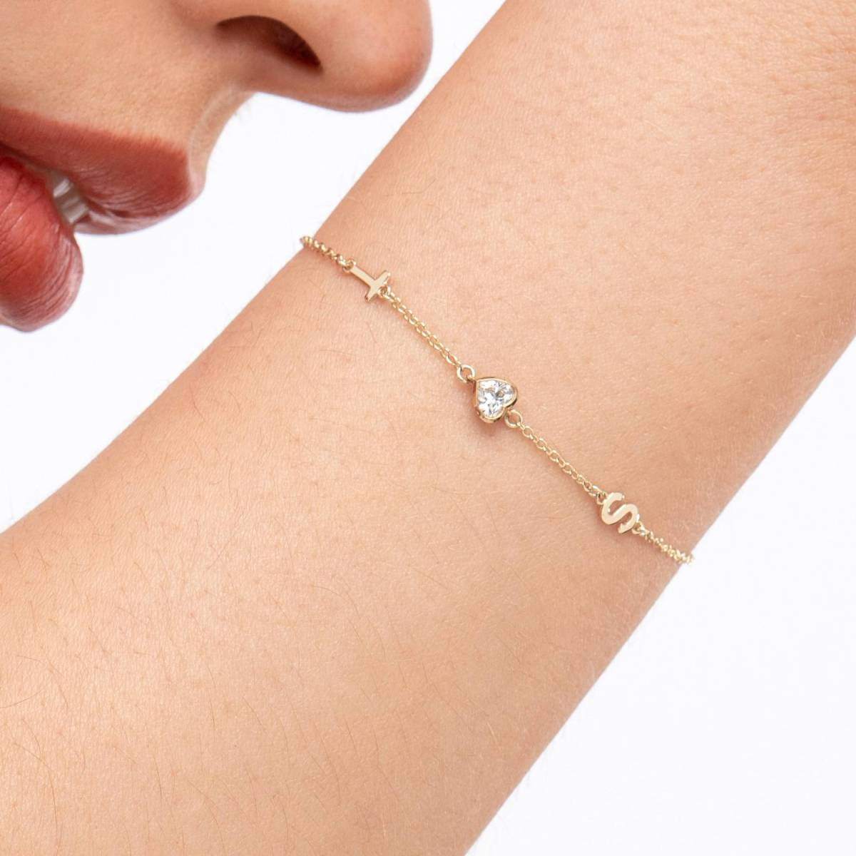 14K Gold Lab Created Diamond Personalized Initial Letter Pendant Bracelet-2