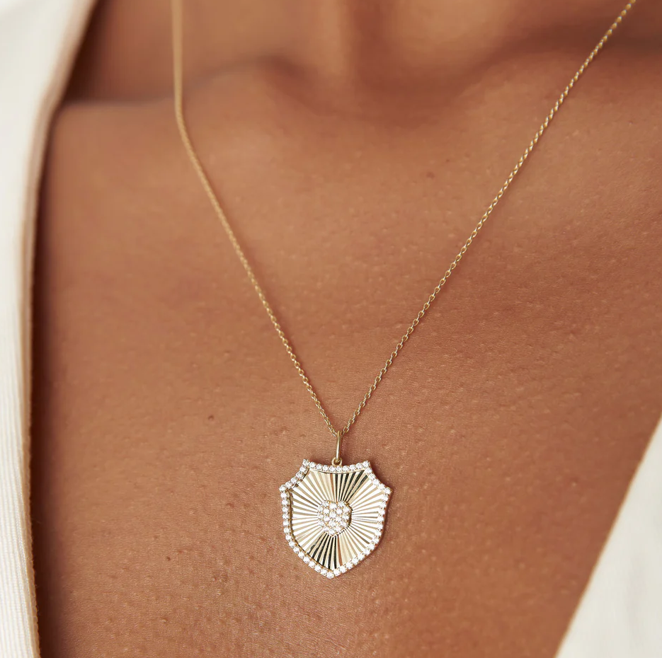 14K Gold Lab Created Diamond Shield Medallion Pendant-2