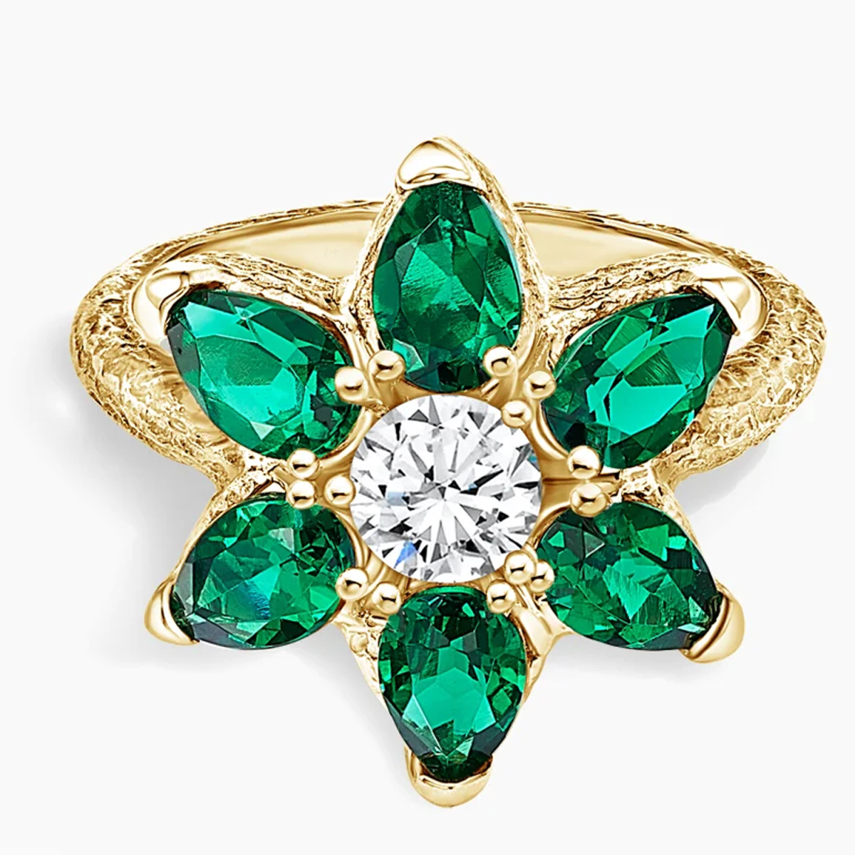 18K gouden Lab Emerald 0,55ct diamanten graveerbloemen koppel verlovingsring-1