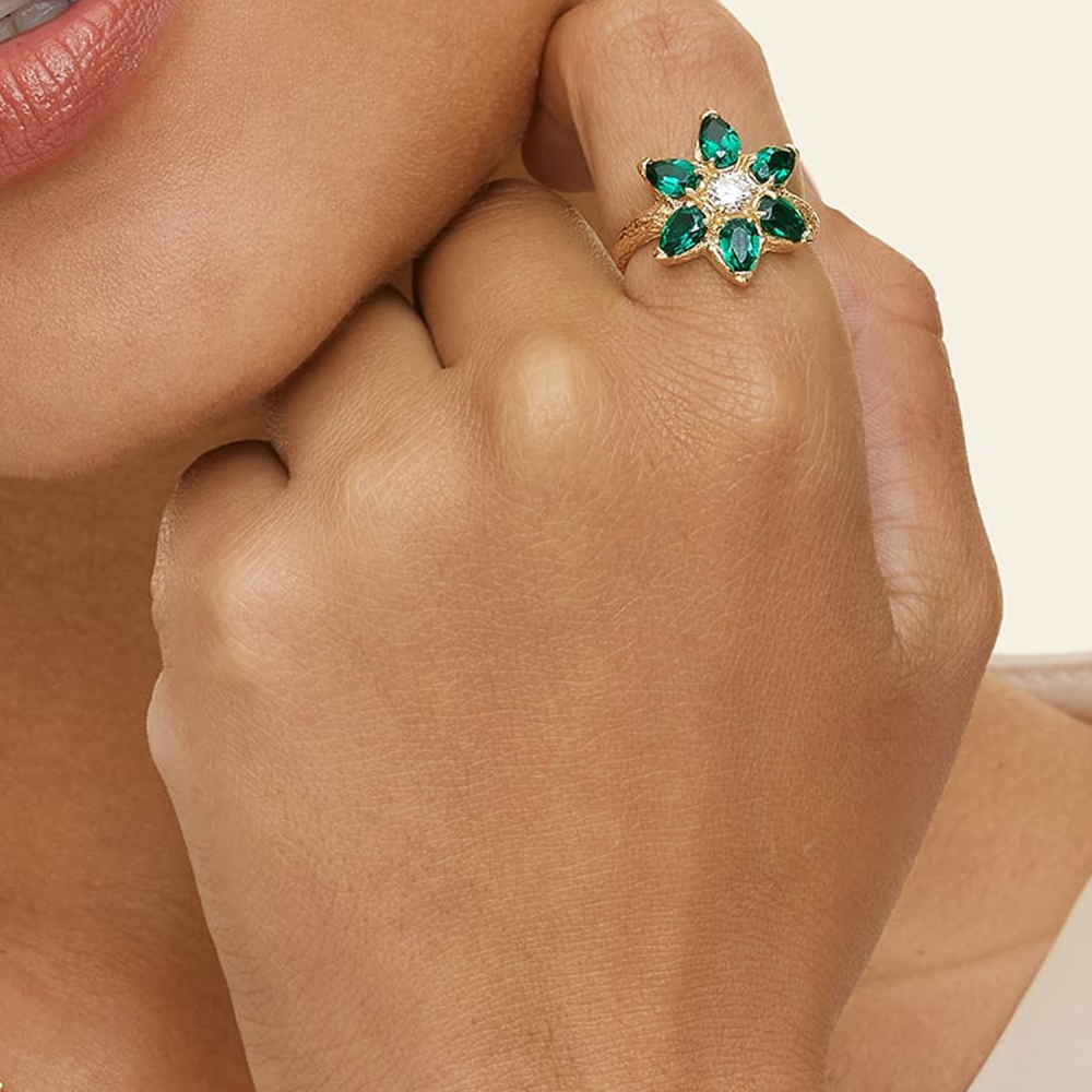 10K Gold 0.5 to 3 CT Round Cut Lab Created Diamond & 3 CT Pear Cut Emerald Engagement Band IGI Certified-3