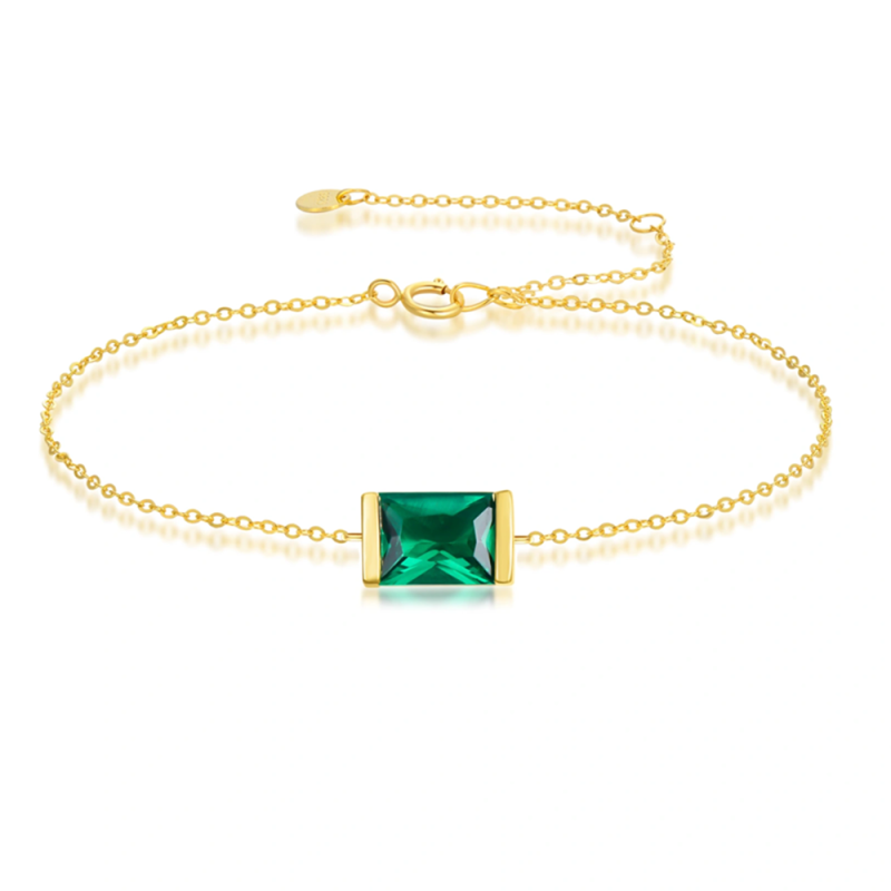 10K Gold Lab-Grown Emerald Square Charm Bracelet-5