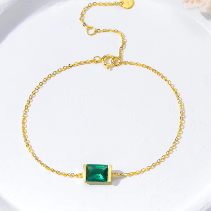 10K Gold Lab-Grown Emerald Square Charm Bracelet-3