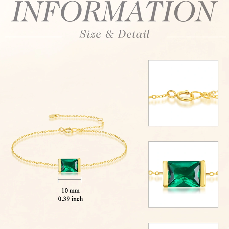 10K Gold Lab-Grown Emerald Square Charm Bracelet-5