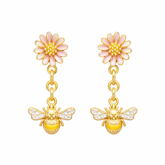 14K Gold Laboratory Diamonds Bee & Daisy Drop Earrings