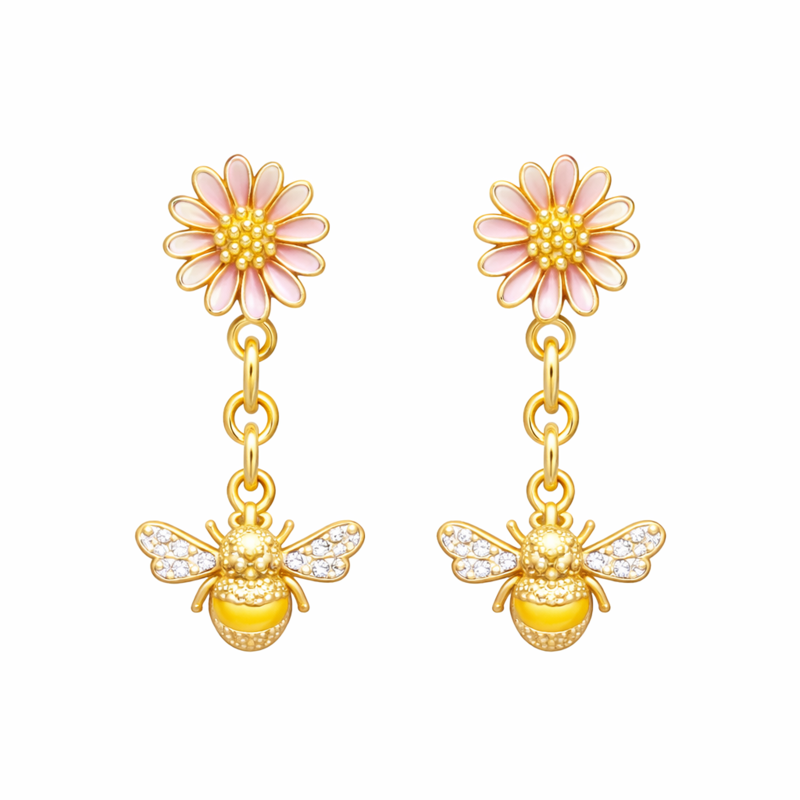 14K Gold Laboratory Diamonds Bee & Daisy Drop Earrings-1