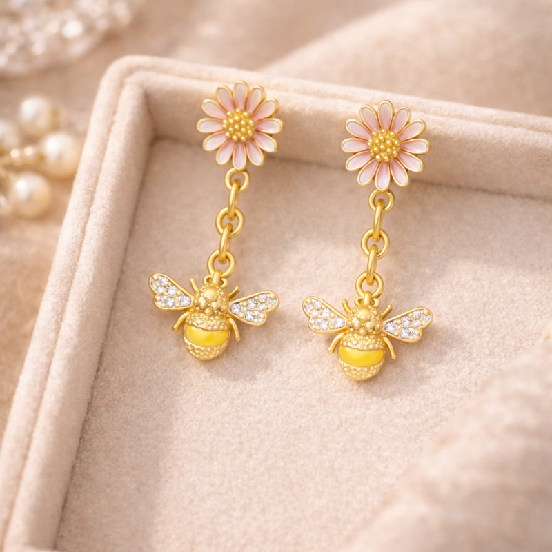 14K Gold Laboratory Diamonds Bee & Daisy Drop Earrings-2