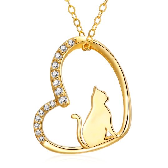 Collana Pendente a Cuore e Gatto in Oro 14K con Diamanti di Laboratorio