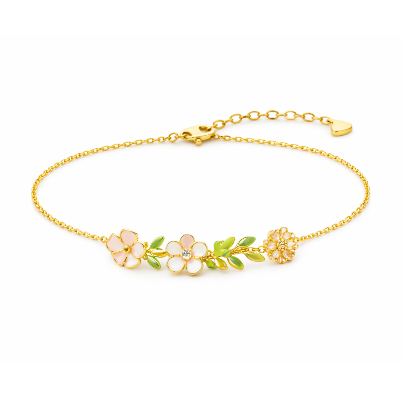 14-K-Gold-Charmband mit Labor-Diamanten in Blatt- und Pfirsichblüten-Design-1