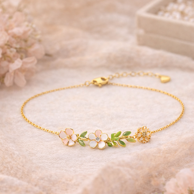 14-K-Gold-Charmband mit Labor-Diamanten in Blatt- und Pfirsichblüten-Design-3