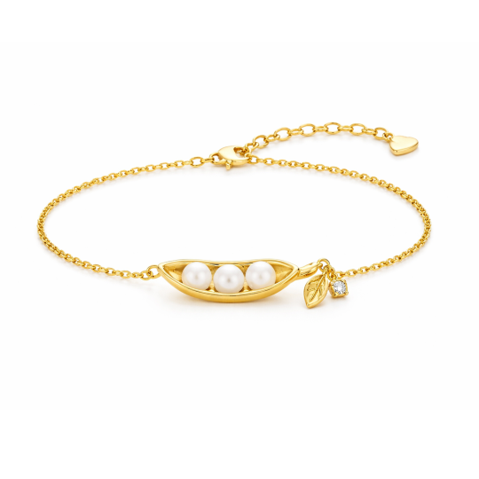 10K Gold Laboratory Diamonds & Pearl Leaves Charm Bracelet