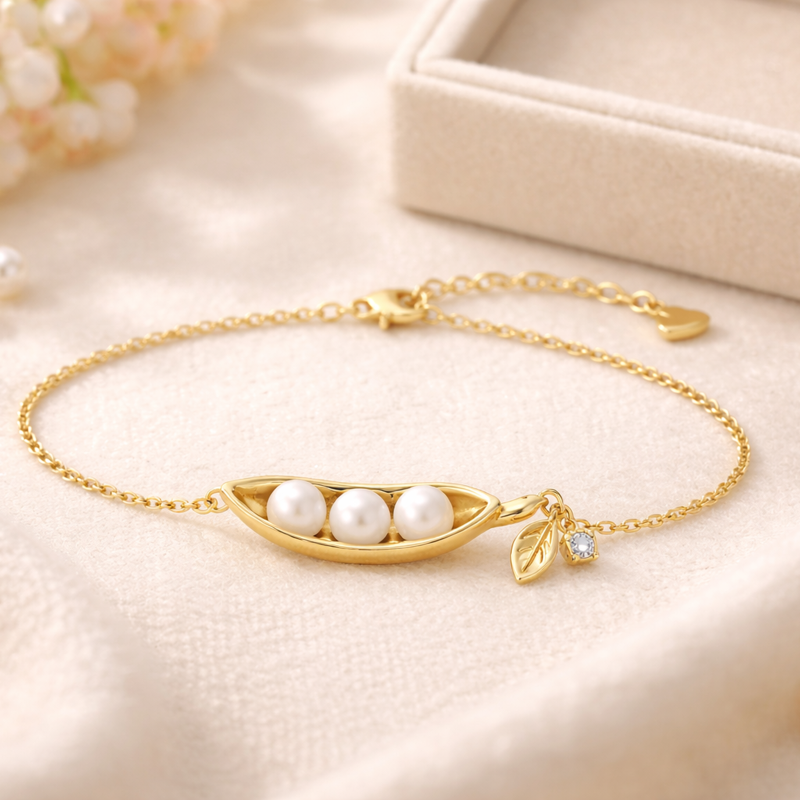 14K Gold Laboratory Diamonds & Pearl Leaves Charm Bracelet-3