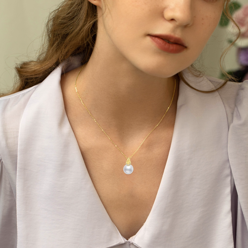 14K Gold Laboratory Diamonds & Pearl Pendant Necklace-2