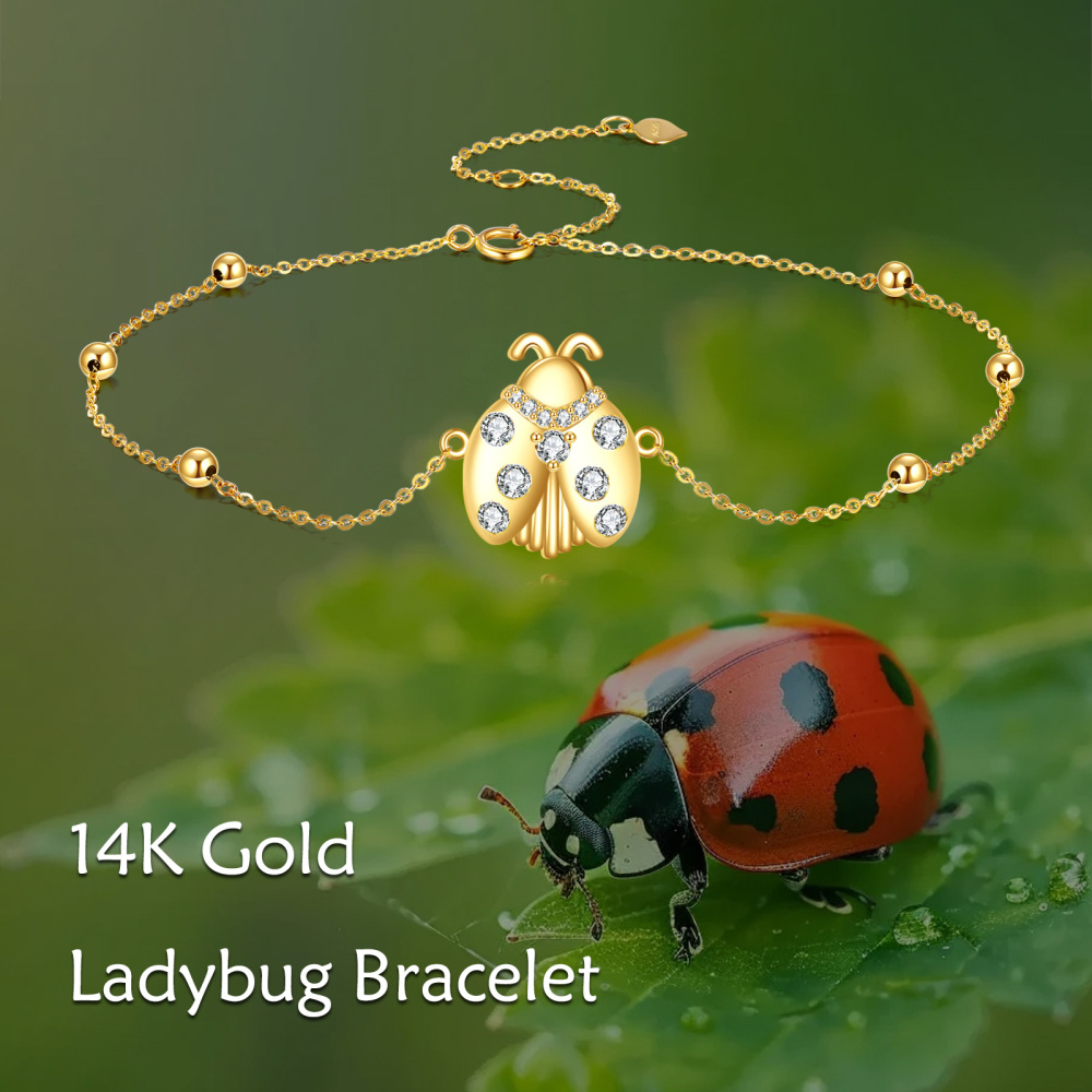 Pulseira com pingente de joaninha e zircônia cúbica de ouro 10K-6