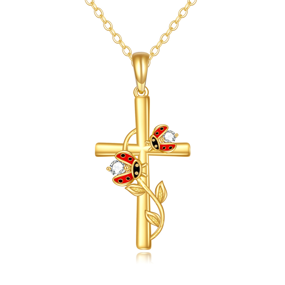 Collier en or 10K avec pendentif coccinelle et croix en zircon cubique-1