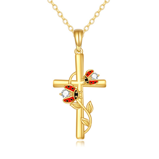 Collier en or 14K avec pendentif coccinelle et croix en zircon cubique