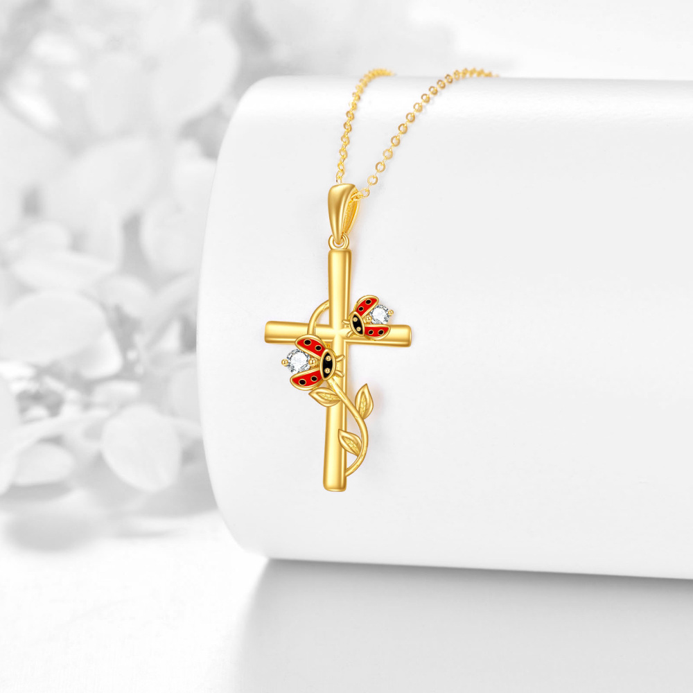 Collier en or 10K avec pendentif coccinelle et croix en zircon cubique-3