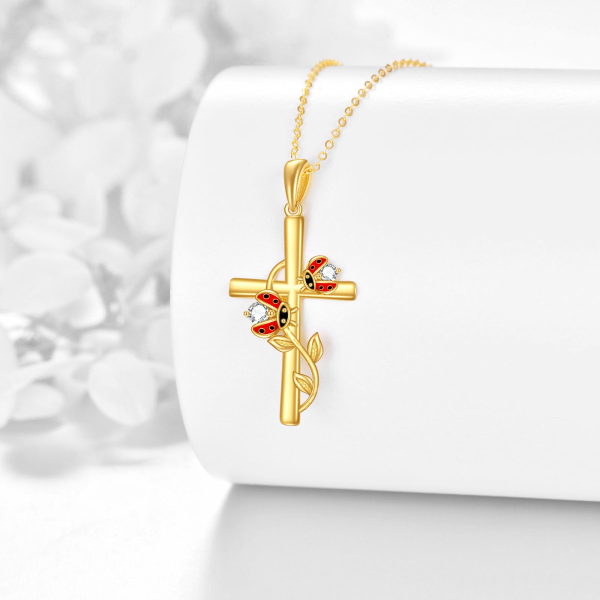 14K Gold Cubic Zirconia Ladybug & Cross Pendant Necklace-3