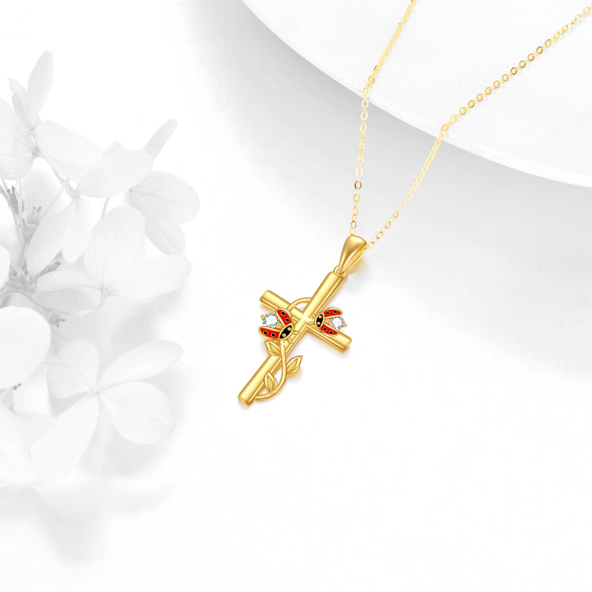 14K Gold Cubic Zirconia Ladybug & Cross Pendant Necklace-4