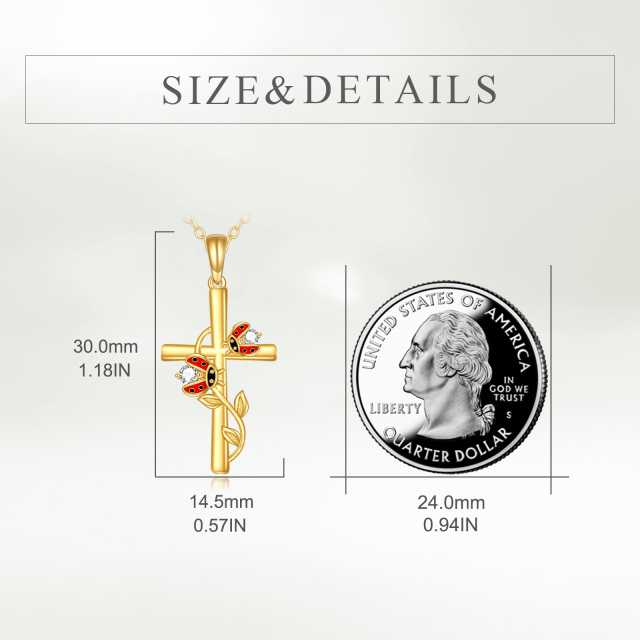 Halskette mit Kreuzanhänger Marienkäfer aus 14 Karat Gold mit Zirkonia-5